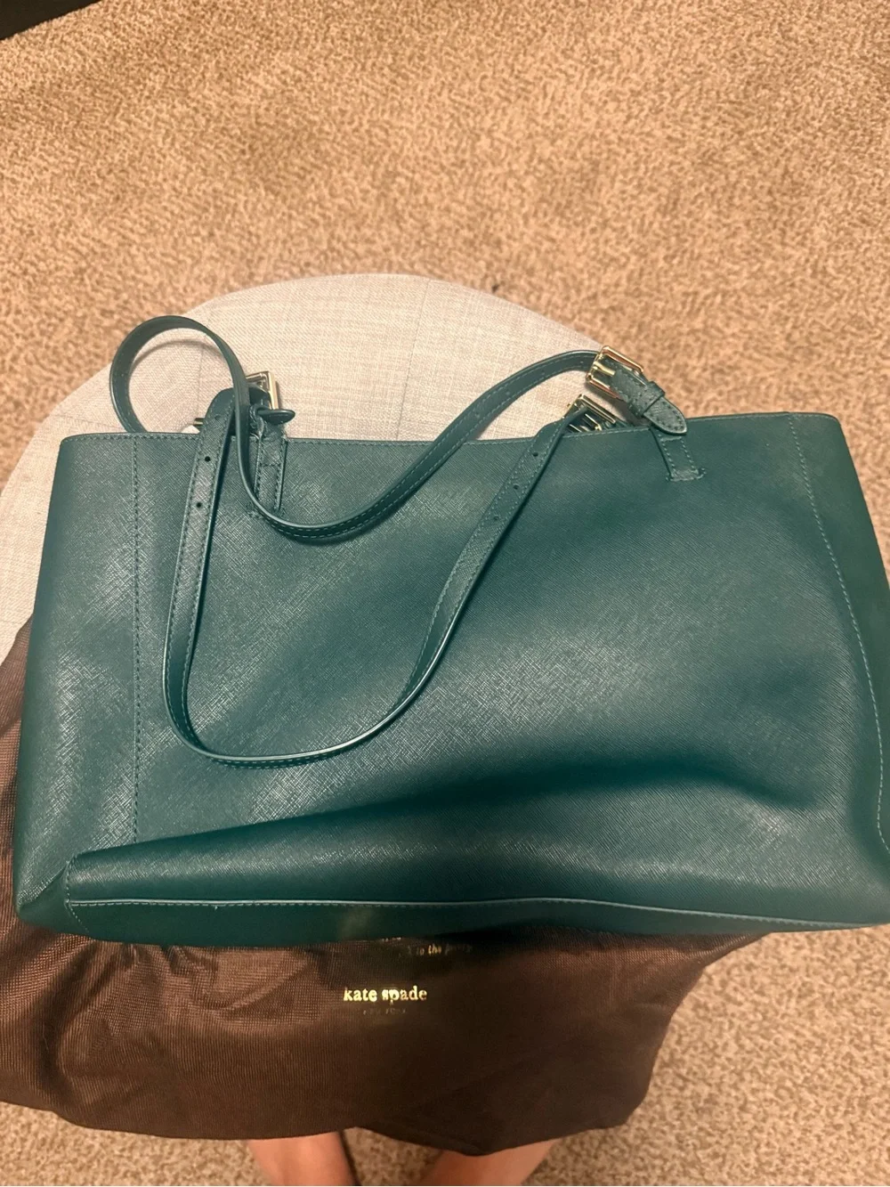 Tory Burch Dark Green Leather Tote with Gold Emblem